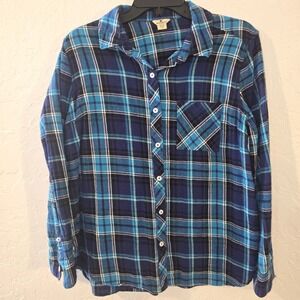 Woolrich Women's Blue Plaid Flannel Shirt Long Sleeve Button Up Size L Cotton